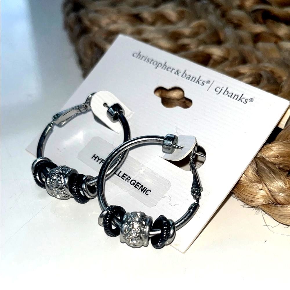 Christopher & Banks Silver & Gemstone Beaded Hoop Earrings, silver, boho, indie